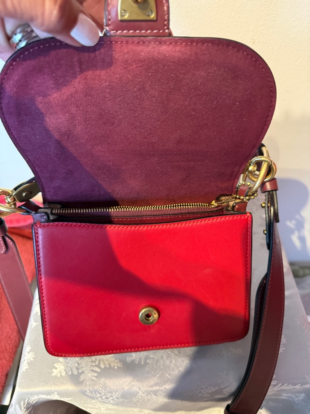 Coach Two-Tone Red and Burgundy Leather Crossbody with Gold Buckle - Picture 6 of 7